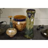 Two Doulton vases and a Doulton jardiniere.