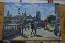 Dave Tribe, London street scene with figures and buses, oil on canvas, signed and dated 2011.