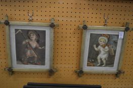 Two amusing colour prints of children in decorative frames.