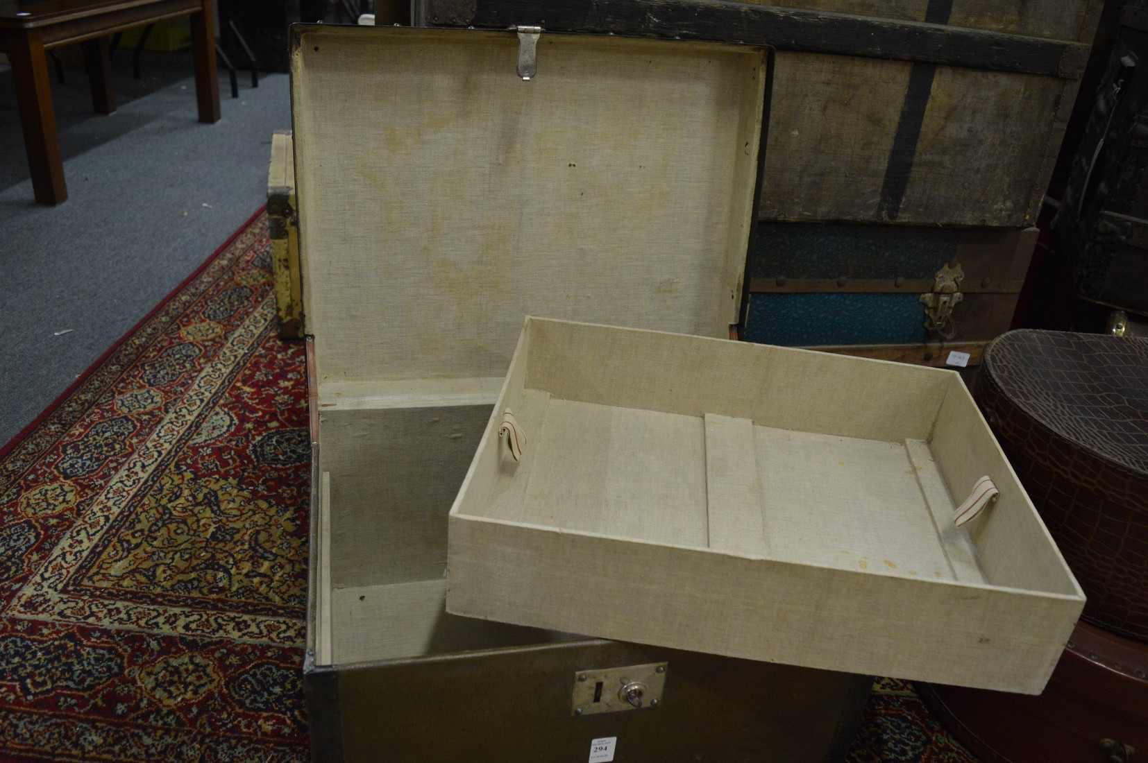 A good small metal and wooden bound travelling trunk. - Image 2 of 2