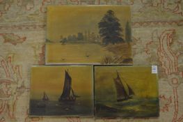 Four small unframed oil paintings and a larger painting depicting a ploughing scene.