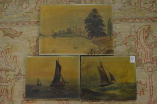 Four small unframed oil paintings and a larger painting depicting a ploughing scene.