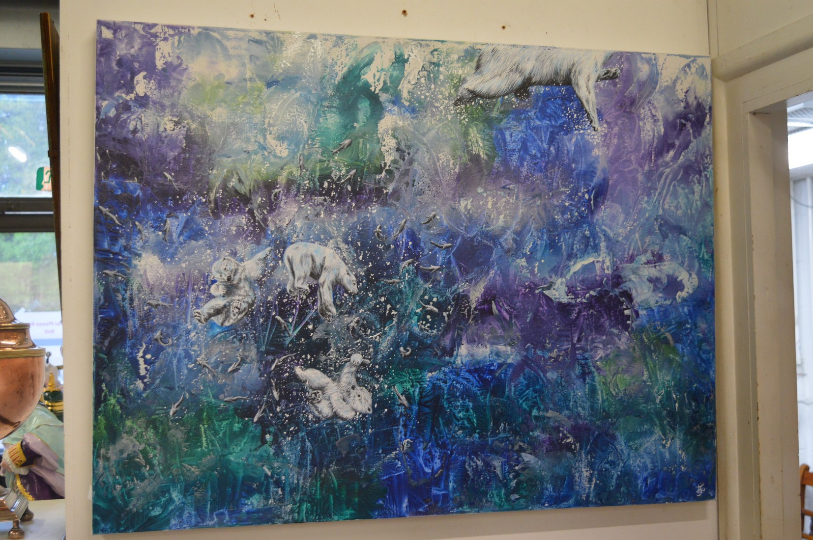 A colourful underwater abstract scene with polar bears and fish, oil on canvas, stretchered but