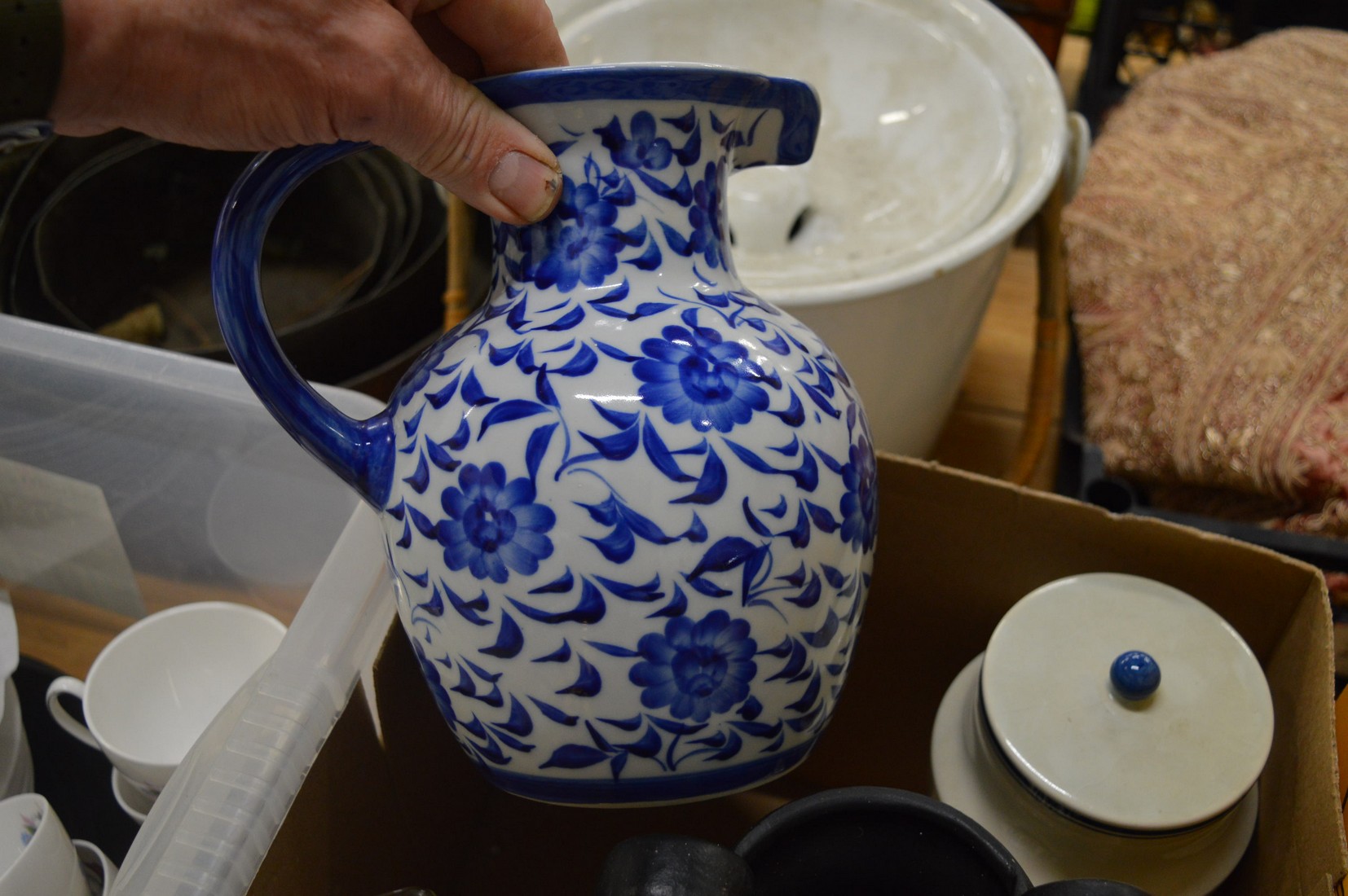 Greek style pottery vase, blue and white jug and other items. - Image 4 of 5