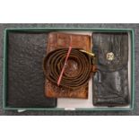 A leather wallet and other items.