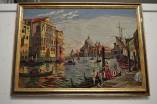 A large gilt framed wool work picture of Venice.