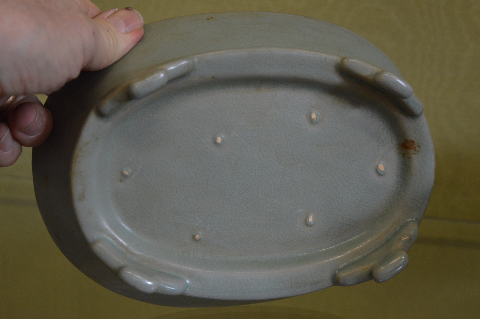 A Chinese celadon glazed shallow brush washer or jardiniere. - Image 2 of 2