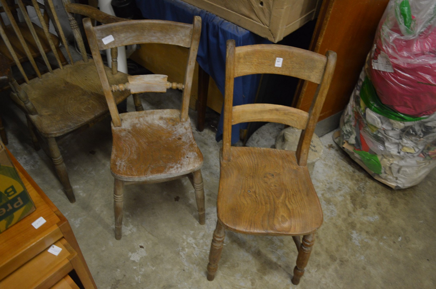 Five various beech and elm kitchen chairs, two with arms. - Image 2 of 4