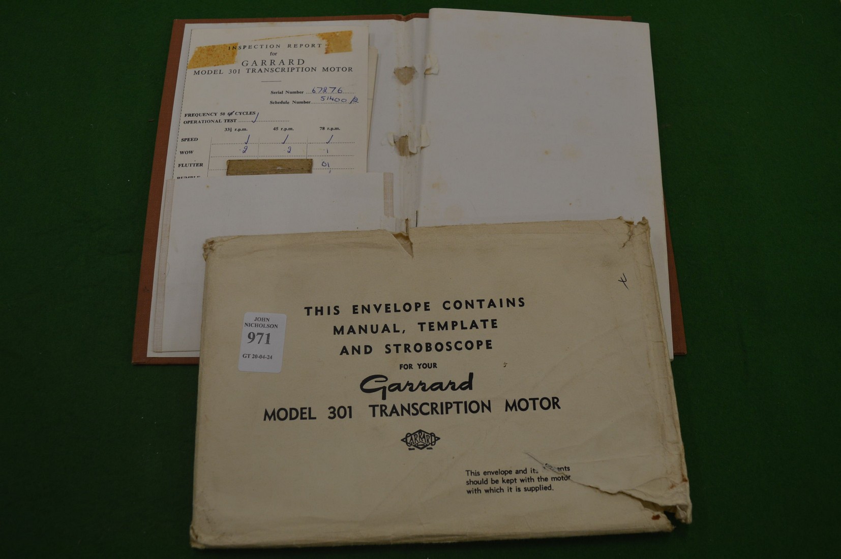 Instruction book for Garrard Model 301 Transcription Motor.