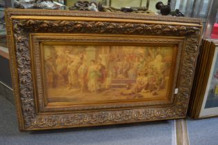 Classical feasting scene, colour print on board in a decorative gilt frame.