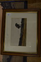 A desert scene, watercolour on board, unframed together with a framed print of a harvesting scene