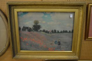 After Monet, Poppy fields, colour print in a decorative gilt frame.