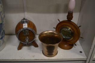 A small oak wine barrel with chrome mounts, a novelty ships wheel lamp base and a bronze mortar.