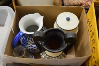 Greek style pottery vase, blue and white jug and other items.