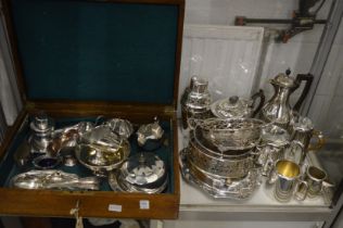 A quantity of silver plated items and an oak cutlery canteen (lacking contents).