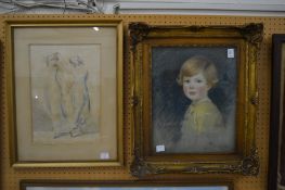 Study of a young child, pastel in a gilt frame together with another picture.
