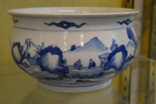 A large Chinese blue and white bowl.