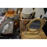 An amusing painted pine box, other wooden items, printing block, decorative lamps and a wicker