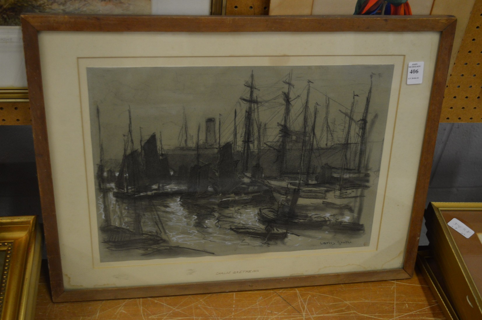 Carlos Grethe, harbour scene with boats, charcoal, signed.