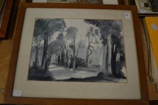 Two watercolours, one depicting a harbour scene the other a tree lined path.