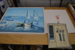 Sailing ships in a harbour, oil on board together with two fashion prints.