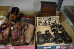 Opera glasses and various leather cases together with a stereoscopic viewer and card.