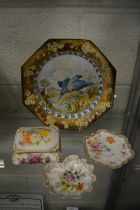 A Mintons plate decorated with a kingfisher by M M Smith, 1888, and three items of Dresden