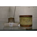 Continental opaque glass and brass Art Nouveau inkwell and an unusual storage jar decorated with a