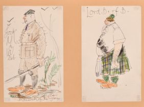 Circle of Alisdair Loon Hilleary, Cartoons of Scotsmen, ink and coloured crayons, two on a common