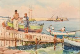 Early 20th Century, possibly Cornish School, fishermen preparing their boat, watercolour, signed