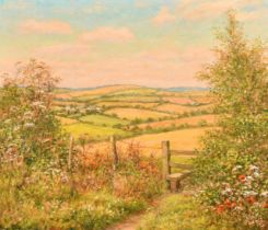 Mervyn Goode, 'Stile and Patchwork Fields, Midsummer', oil on canvas, signed, 14" x 16" (36 x