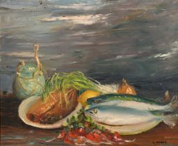 Montagu Marks (1890-1972), a still life of fish and vegetables, oil on canvas, 20" x 24" (51 x