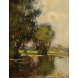 Circa 1905, a pair of landscape scenes, morning and dusk, oil on board, signed with initials O.E.P.,