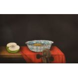 Tomoe Yokoi, Still life with bowl, fruit and musical instrument, colour mezzotint, signed in