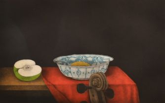 Tomoe Yokoi, Still life with bowl, fruit and musical instrument, colour mezzotint, signed in