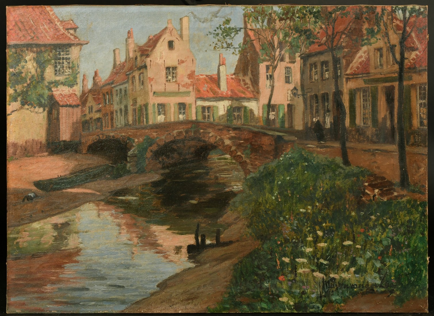 Marten Ven Der Loo (1880-1920) Belgian, a view of an old bridge, oil on canvas, signed, 18" x 24" ( - Image 2 of 4