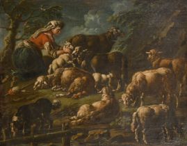 Circle of Philipp Peter Roos, a shepherdess caring for her flock, oil on canvas, 25" x 30" (63.5 x