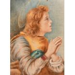 After Filippo Lippi, an angel in prayer, watercolour on fabric in an early 20th Century Medici style