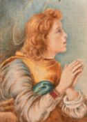 After Filippo Lippi, an angel in prayer, watercolour on fabric in an early 20th Century Medici style