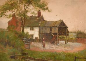 W. Jackson, Circa 1877, female figure by farm buildings, watercolour and bodycolour, signed and