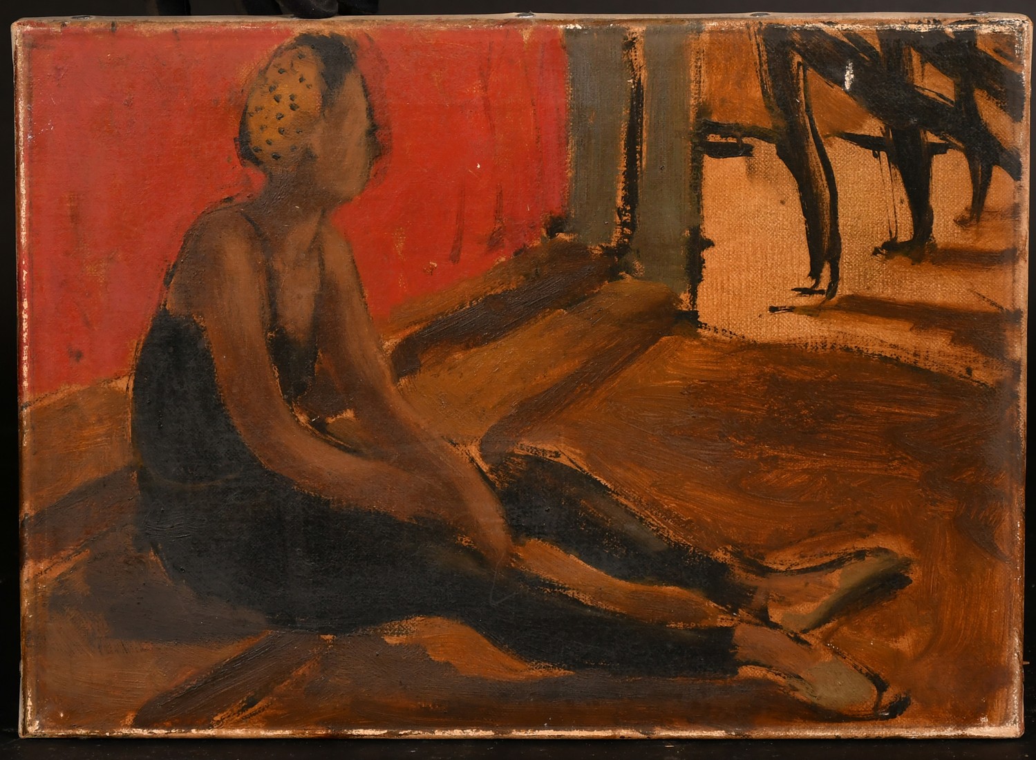 Attributed to Robin Darwin (1910-1974), a view of a stage with a dancer waiting in the wings, oil on - Image 2 of 4