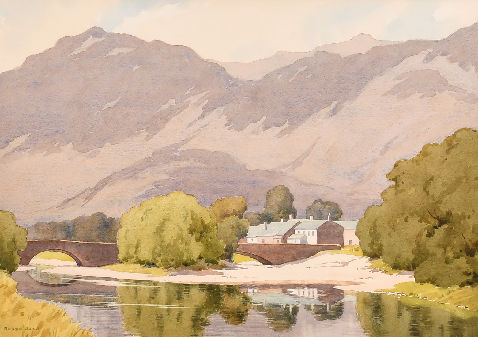 Richard Sams, 'Grange Village, Cumbria', watrcolour, signed, inscribed on artist label verso, 13"