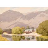 Richard Sams, 'Grange Village, Cumbria', watrcolour, signed, inscribed on artist label verso, 13"