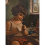 Morton, Early 20th Century, a young girl with a powder puff at a dressing table, oil on board, 20" x
