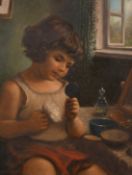 Morton, Early 20th Century, a young girl with a powder puff at a dressing table, oil on board, 20" x