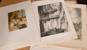A folder of 20th Century unframed prints, Dunstan, Wiseman and others, (q).