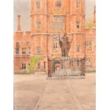 Nora Davison, Lupton's Tower and Henry VI statue, Eton, watercolour, signed, 10" x 7.25" (25.5 x