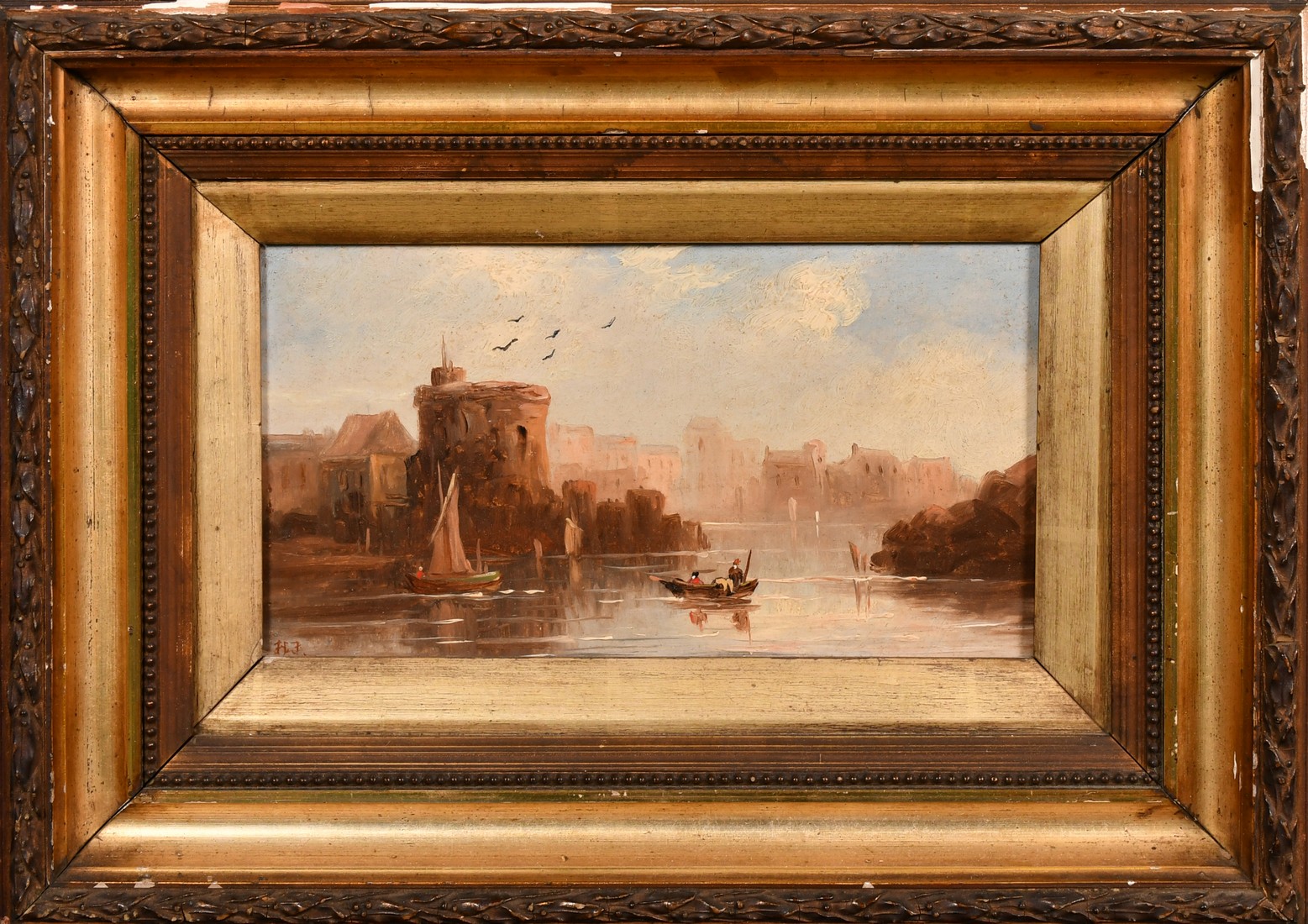 Late 19th Century English School, a pair of oil on board views of riverside towns, each signed - Image 4 of 6