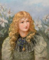 Late 19th Century English School, a half length portrait of young lady amongst flowers, oil on