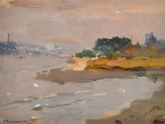 Yakov Guslistyi, (1914-1972), Evening on a river, signed and dated 50, oil on board, 8.75" x 11.